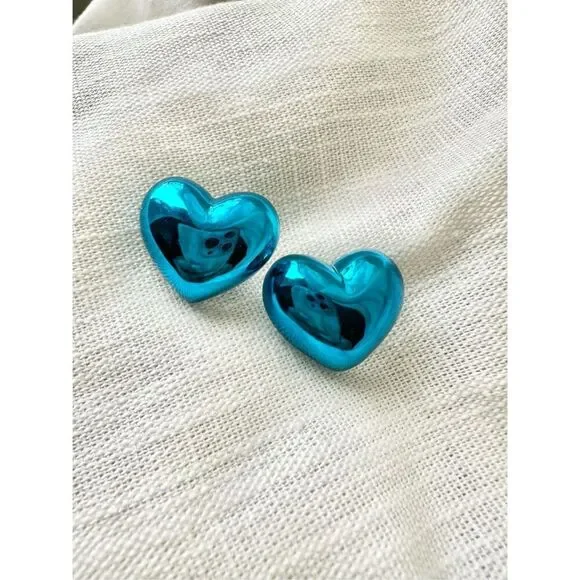 Bright blue chrome heart stud earrings  - Picture 2 of 3